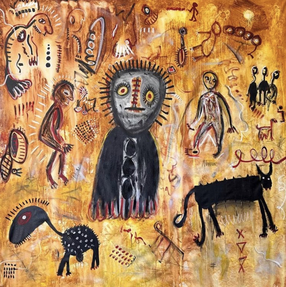 Neo-expressionist painting in the manner of a cave wall: a grey-faced figure with a radiating halo and a black cloak stands at the centre of an ochre and rust field, surrounded by smaller figures, a trio of black silhouettes, a black horned animal, a spotted creature, eyes, dots and tally marks