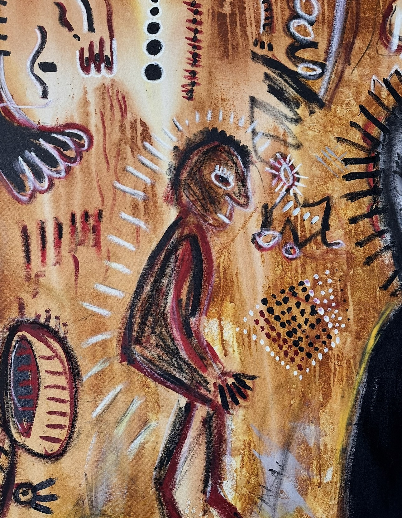 Detail: a hunched brown figure with a white-ruled halo, a spotted cluster of dots and a ribbed black-and-red eye shape on an ochre ground