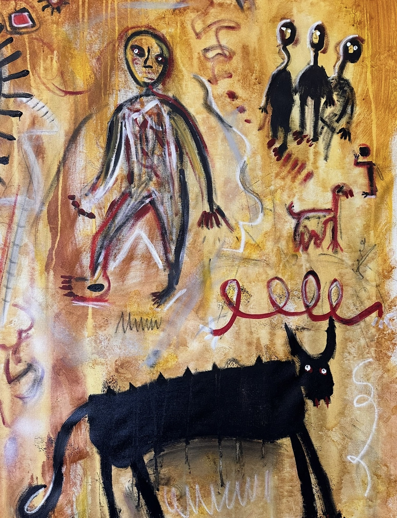 Detail: a slender standing figure, three black silhouettes, a small red animal, a red looping line and a black horned beast