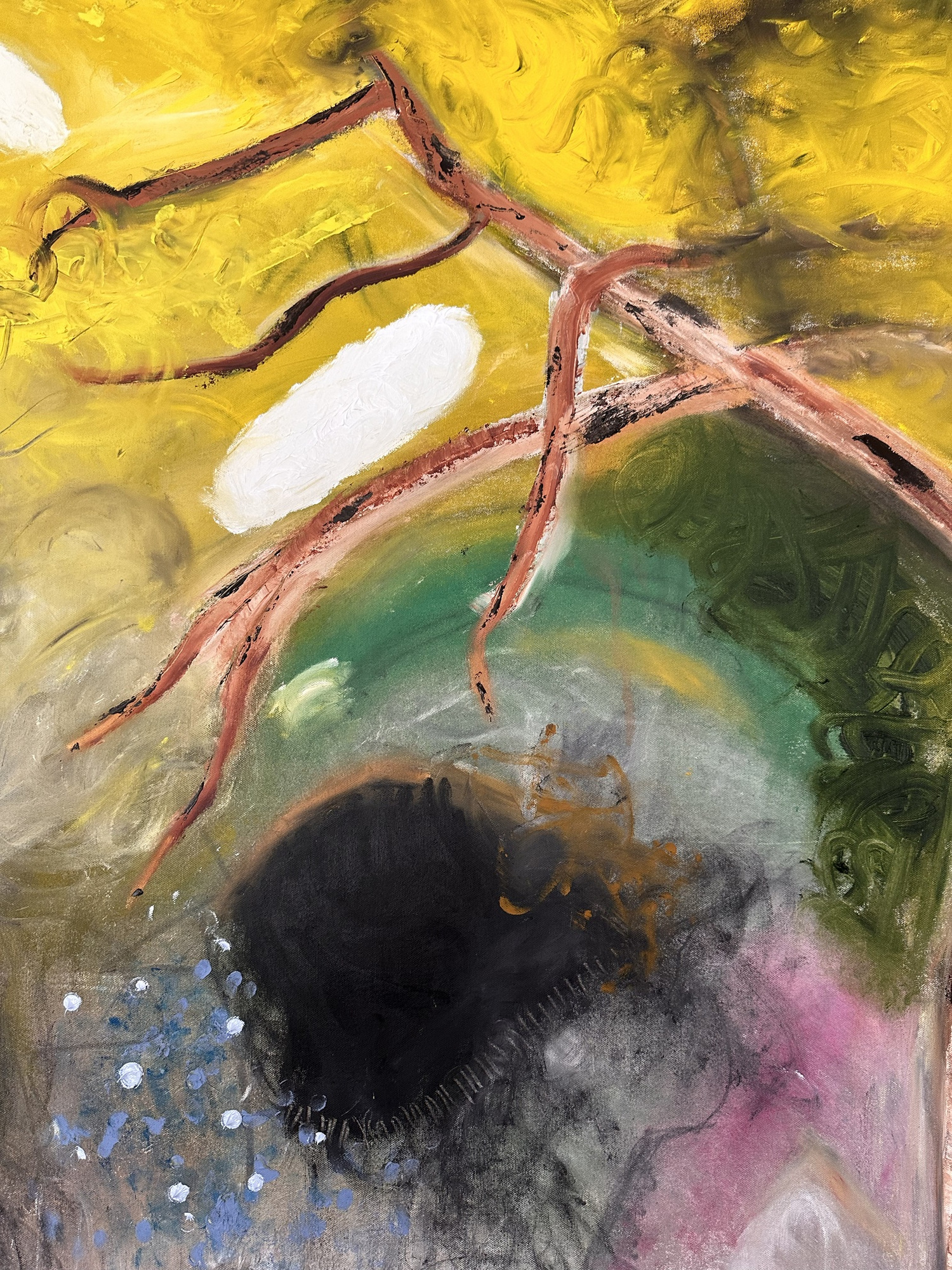 Detail: yellow sky, a terracotta branch, a white oval and a black void edged with charcoal above pink and blue speckles