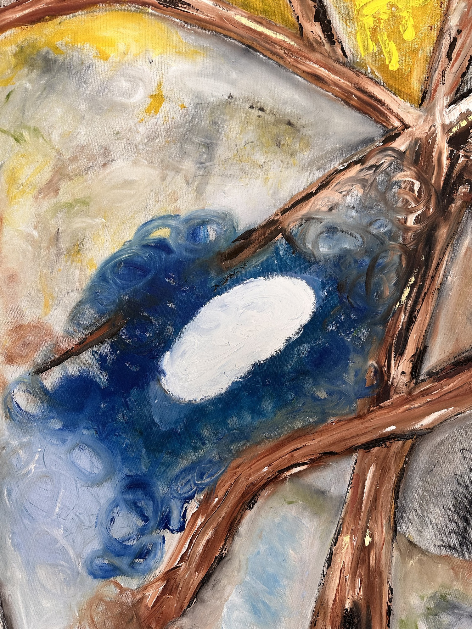 Detail: loops of blue paint around a white oval, crossed by brown branches