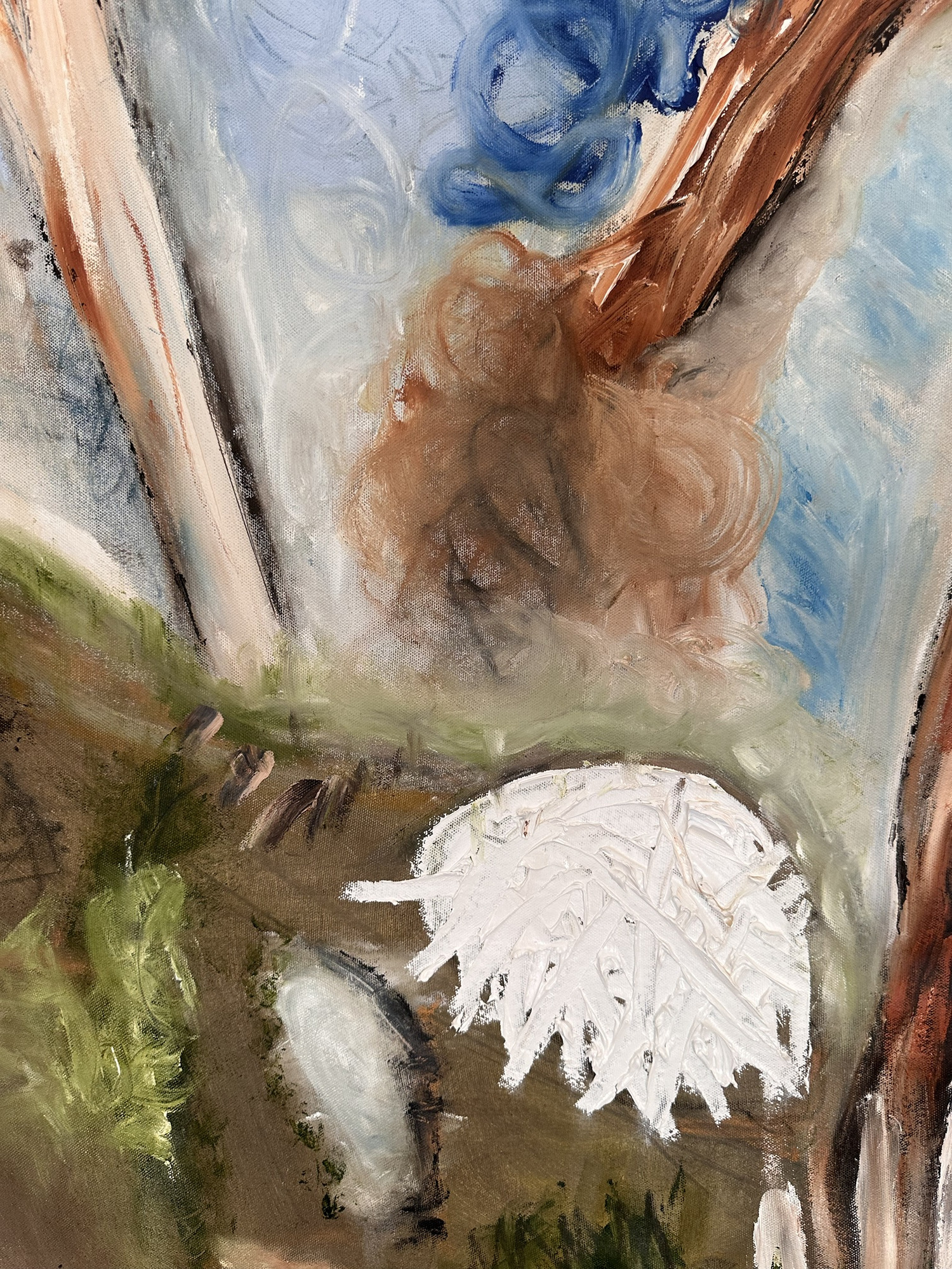 Detail: thick white impasto on an olive ground with soft blue and orange-brown passages
