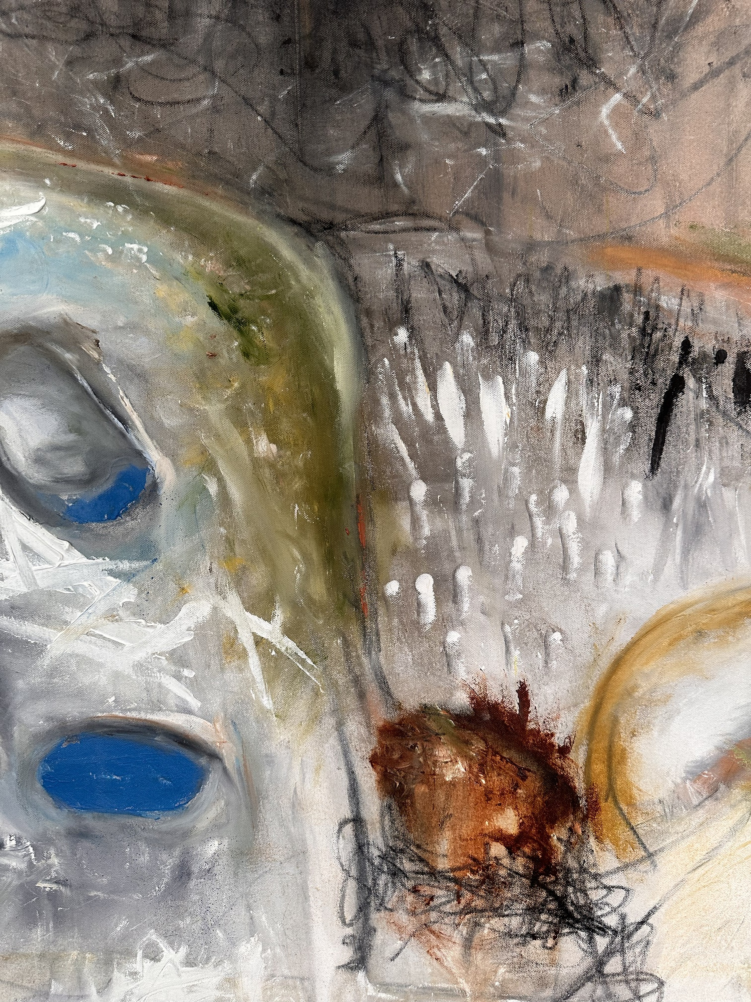 Detail: blue ovals on grey and white, white vertical strokes, charcoal scribbles and a rust-brown mass