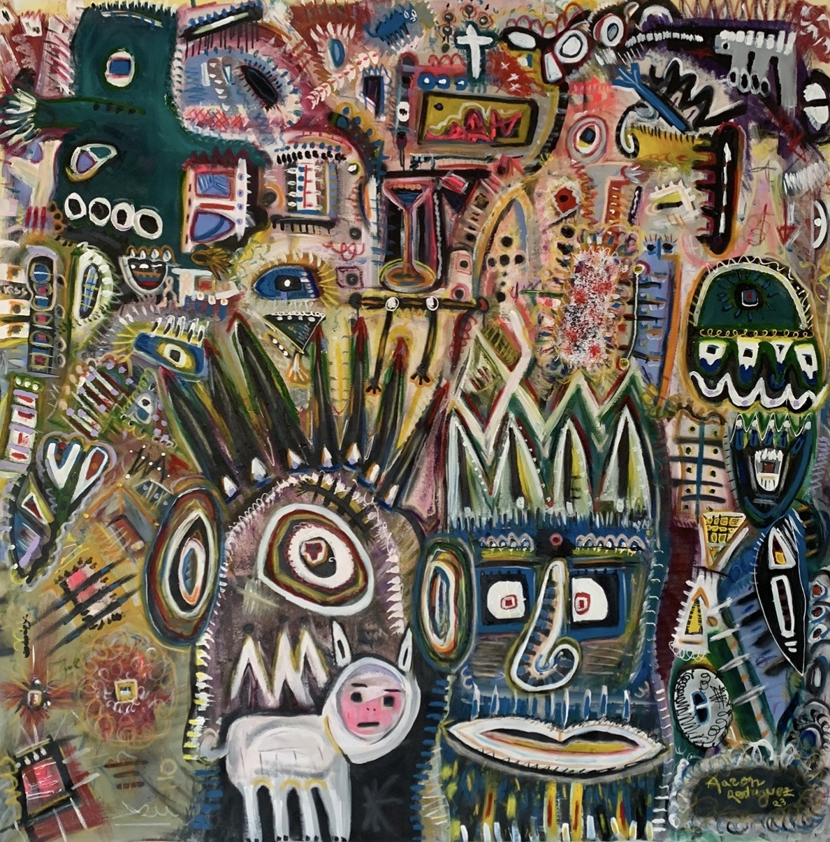 Neo-expressionist painting: a dense, frantic composition of masks, eyes, crowns, teeth and symbols in teal, indigo, pink, ochre and white, with a large blue-black face with a curved nose at the lower right and a small white animal with a pink face at the lower left