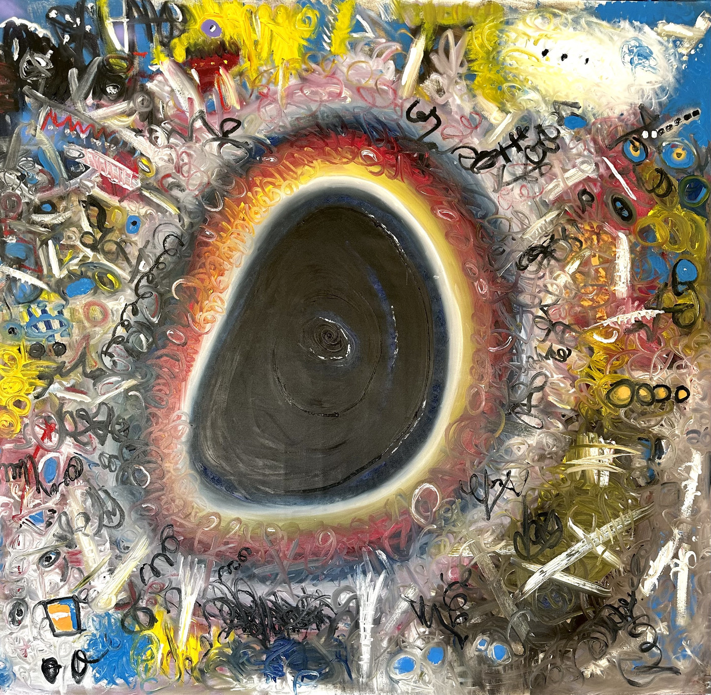 Abstract expressionist painting: a large dark, egg-shaped void with a spiral at its centre, ringed by a glowing halo of yellow, orange, red and white, surrounded by a dense field of looping grey and black scribbles, white slashes and small blue, yellow and black eyes on a ground of pink, grey and olive, with bright blue and yellow at the top corners