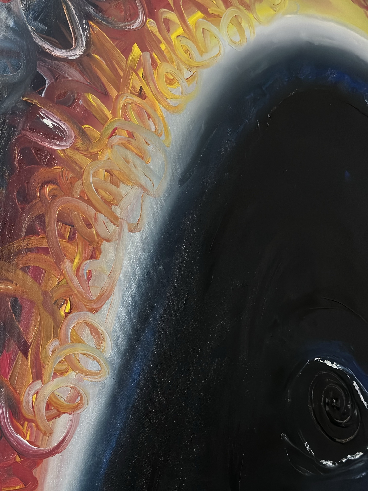 Detail: looping strokes of cream, orange and pink around the glowing edge of the black void, with a dark spiral at lower right