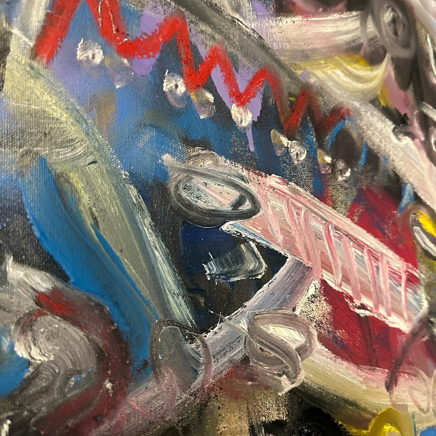 Detail: a red zigzag over blue and lilac, a pink ladder-like stroke, grey loops and thick white paint