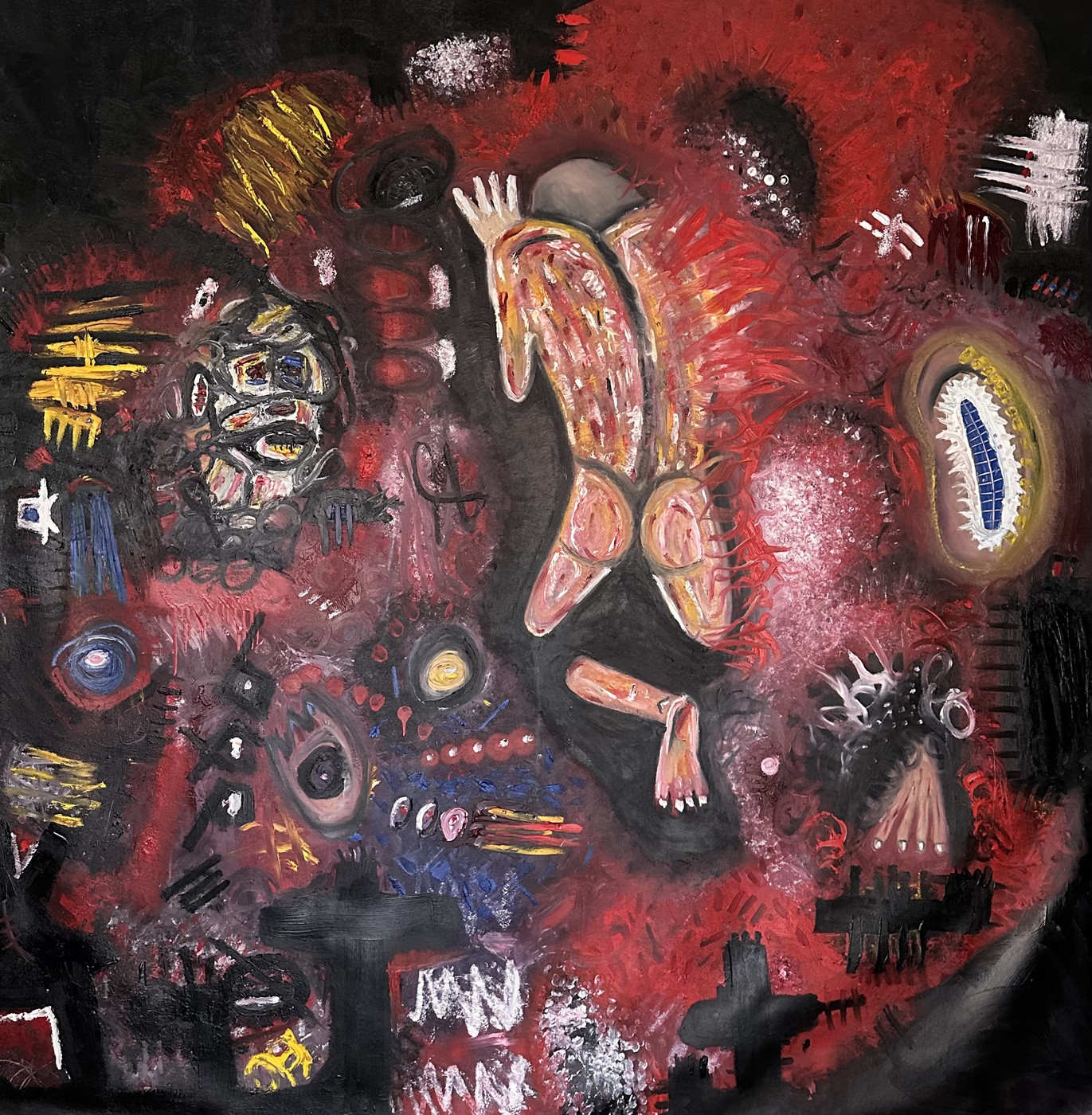 Neo-expressionist painting: a contorted, pale-skinned nude figure with one raised hand tumbles through a deep red and black field, surrounded by a masked face, glowing eyes, a blue grid shape in a yellow halo, tally marks, crosses and white scratches