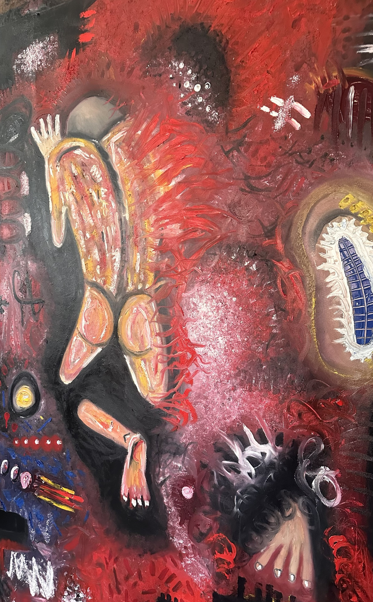 Detail: the contorted figure with a raised hand against red and black, with thick red strokes like fibres, a glowing blue grid shape in a yellow halo and a pink mist