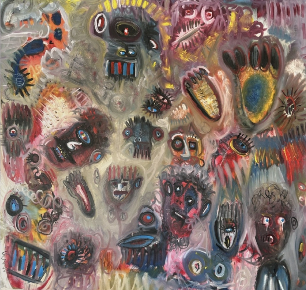 Neo-expressionist painting: a crowd of grotesque masks and faces in red, grey-blue and black, with staring eyes, toothed mouths and hands, floating on a pale grey-pink ground, one tearful face at the lower right
