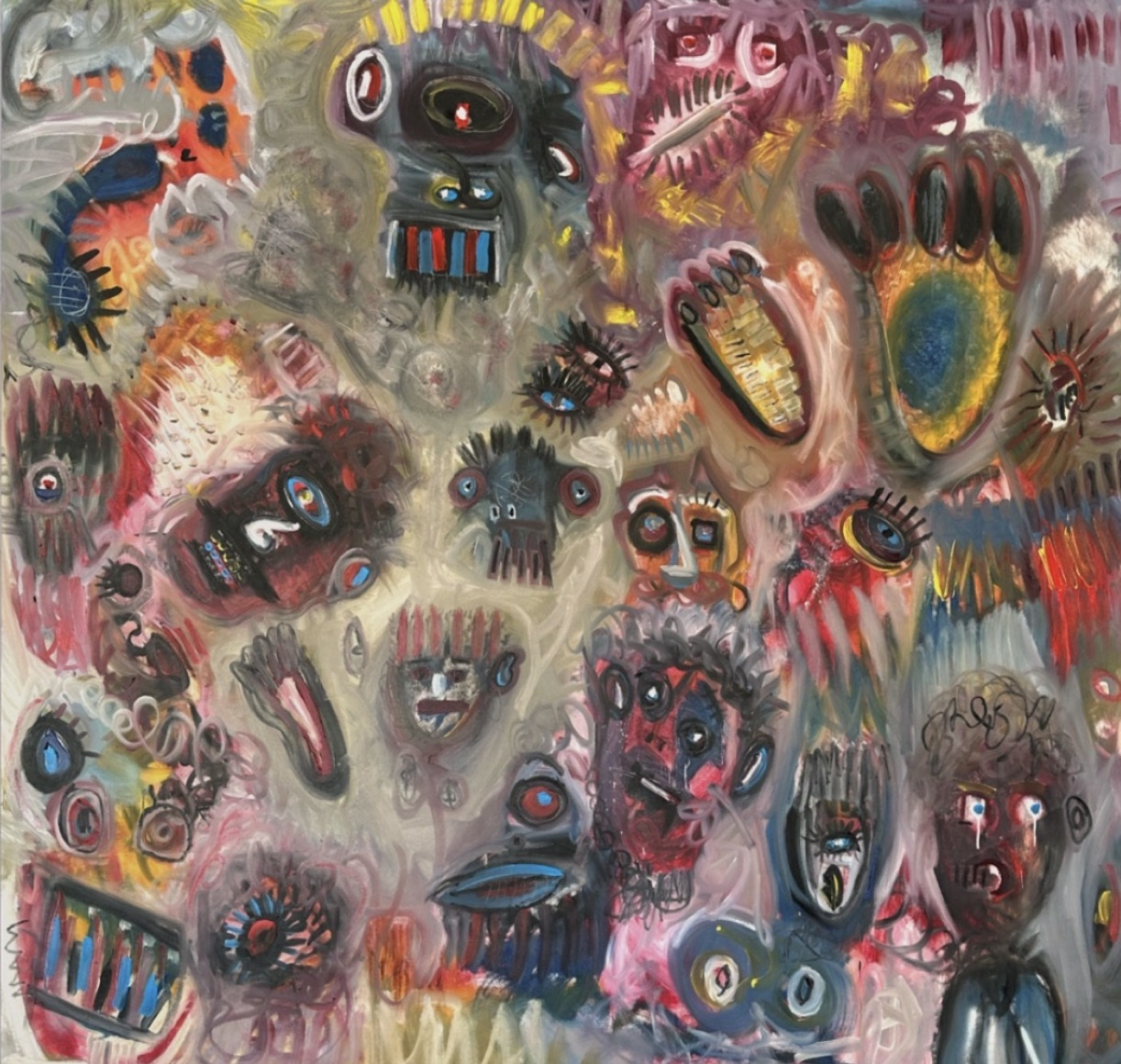 Neo-expressionist painting: a crowd of grotesque masks and faces in red, grey-blue and black, with staring eyes, toothed mouths and hands, floating on a pale grey-pink ground, one tearful face at the lower right