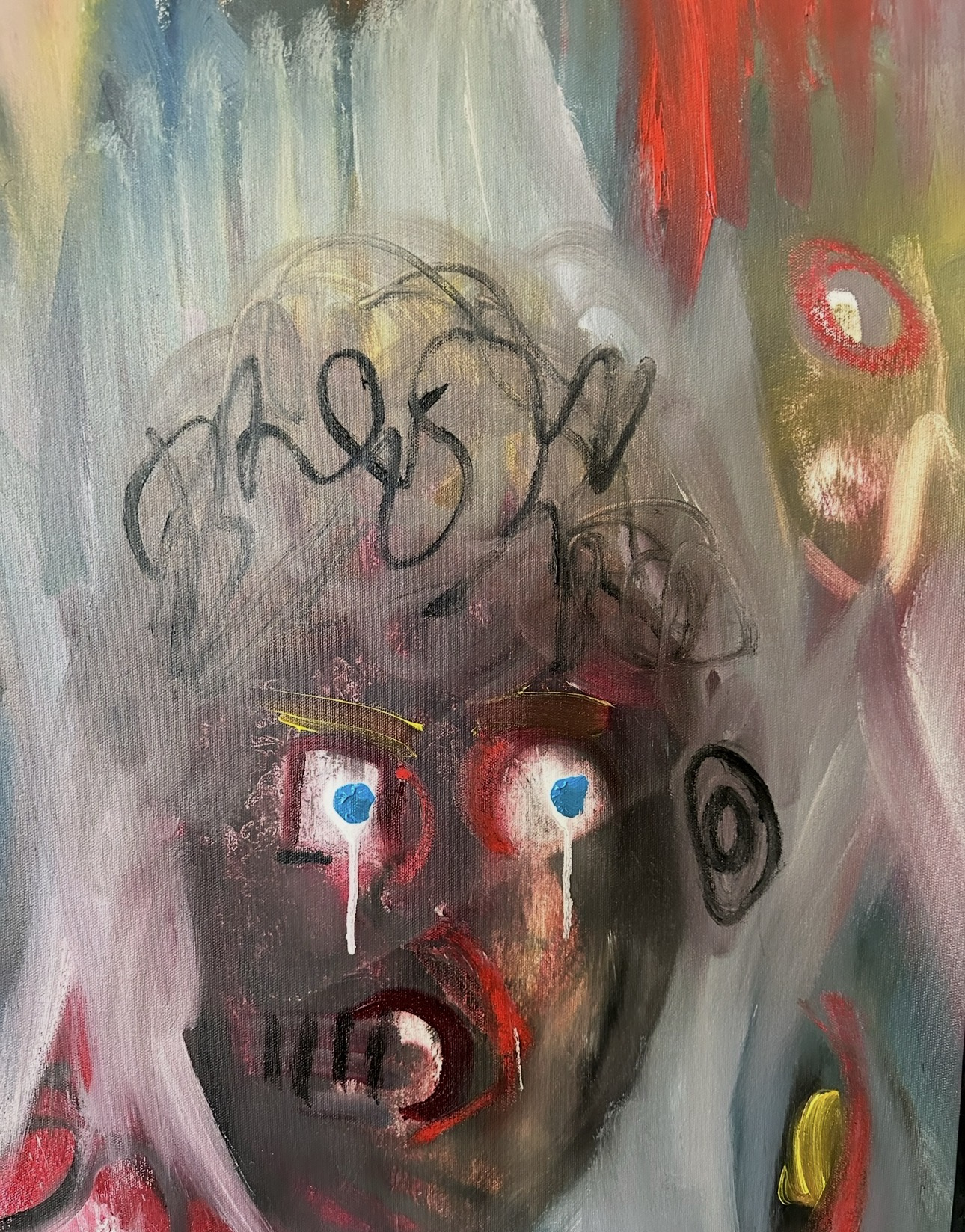 Detail: a tearful face with wide white eyes, blue pupils and scribbled black hair against pale grey and red vertical strokes