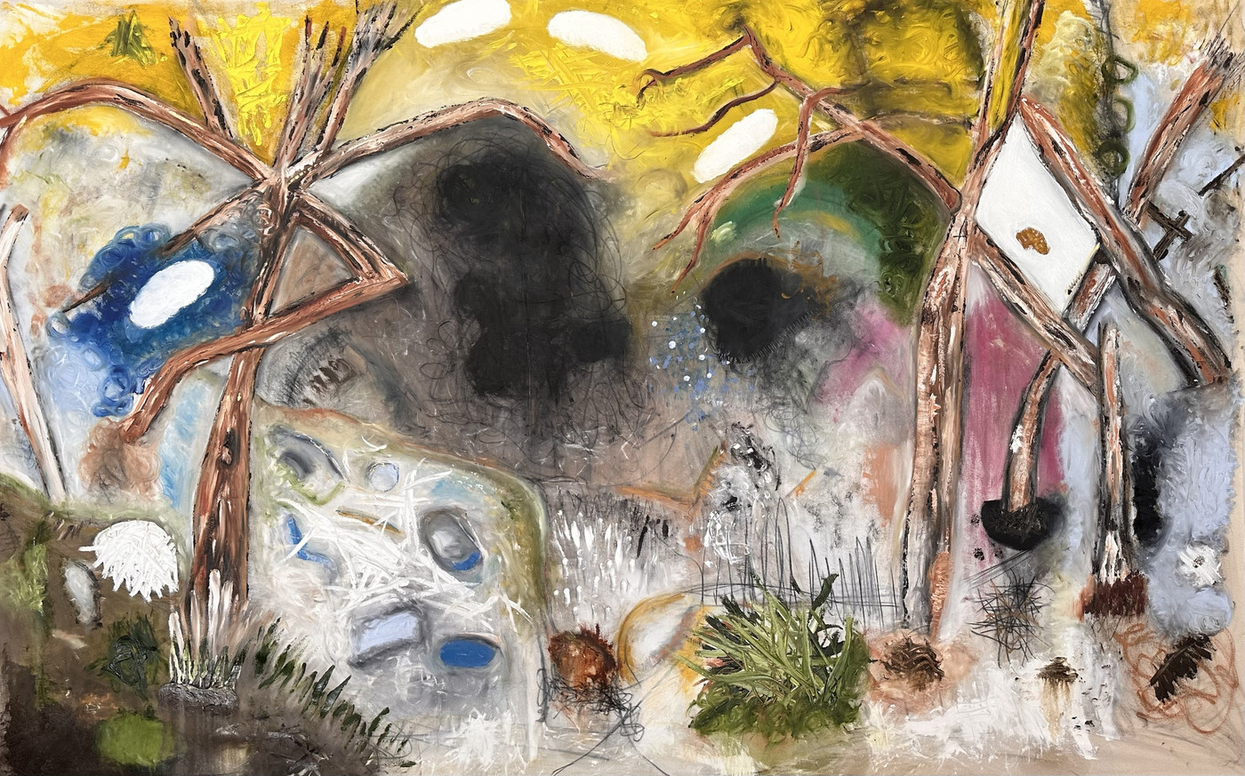 Abstract painting with a yellow sky, brown tree forms, dark smoke-like masses and a pale, scratched foreground