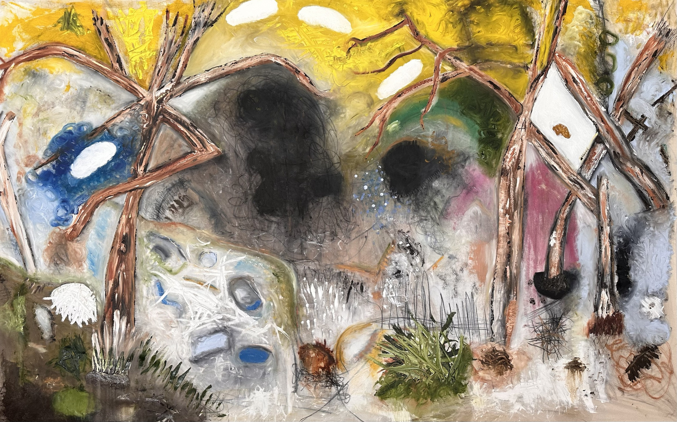 Abstract painting with a yellow sky, brown tree forms, dark smoke-like masses and a pale, scratched foreground