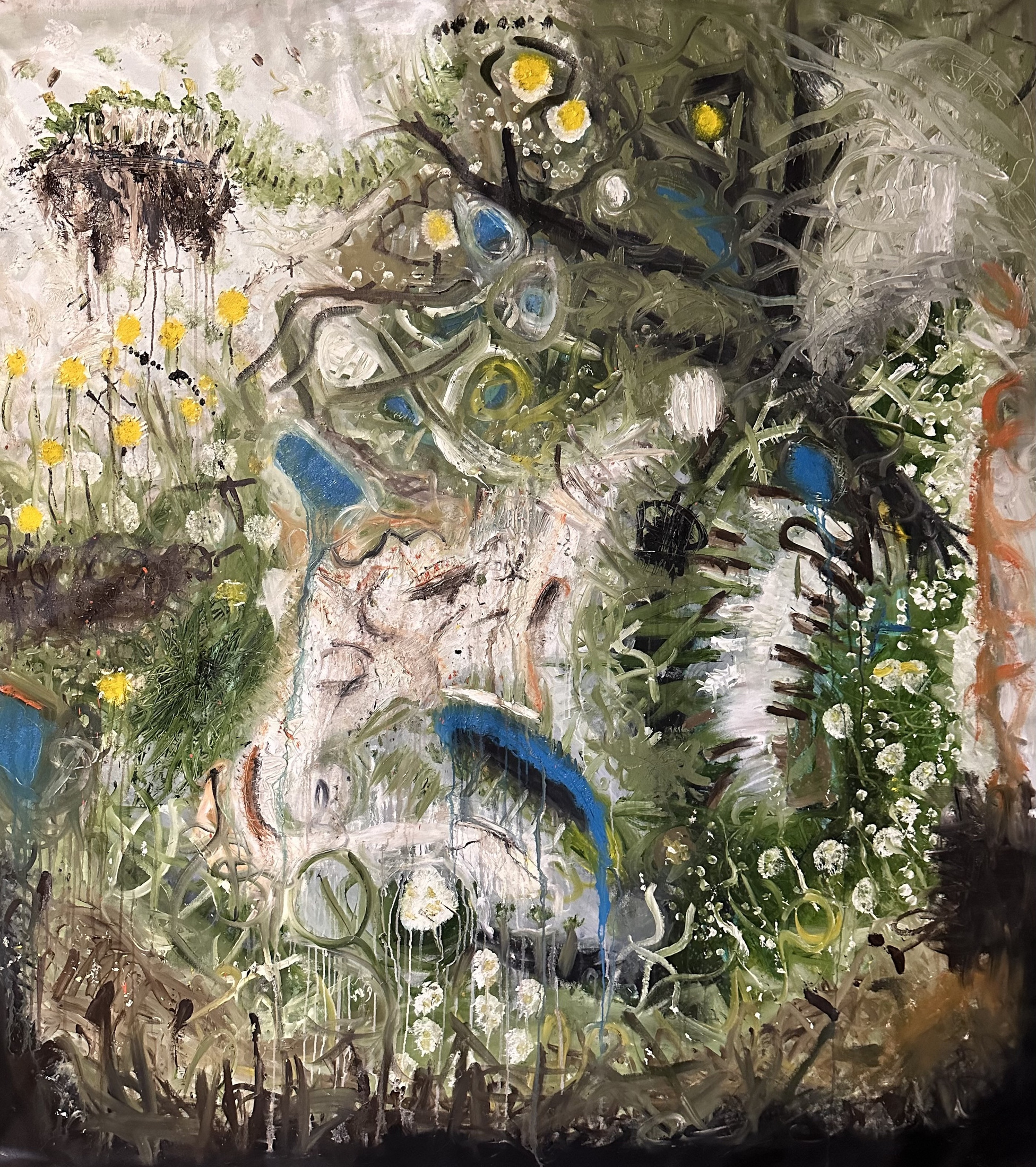 Abstract landscape painting: a meadow of yellow dandelions and white seed heads on the left beneath a floating clod of dark earth, a pale central waterfall-like passage with blue strokes and drips, and a dense tangle of olive-green grasses, white daisies, black branches and swirling white strokes on the right