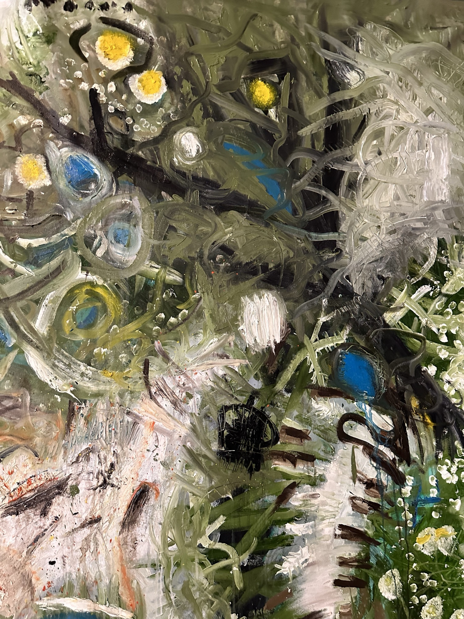 Detail: yellow-centred daisies, blue ovals and looping olive-green strokes over black branches, with thick white swirls at the upper right