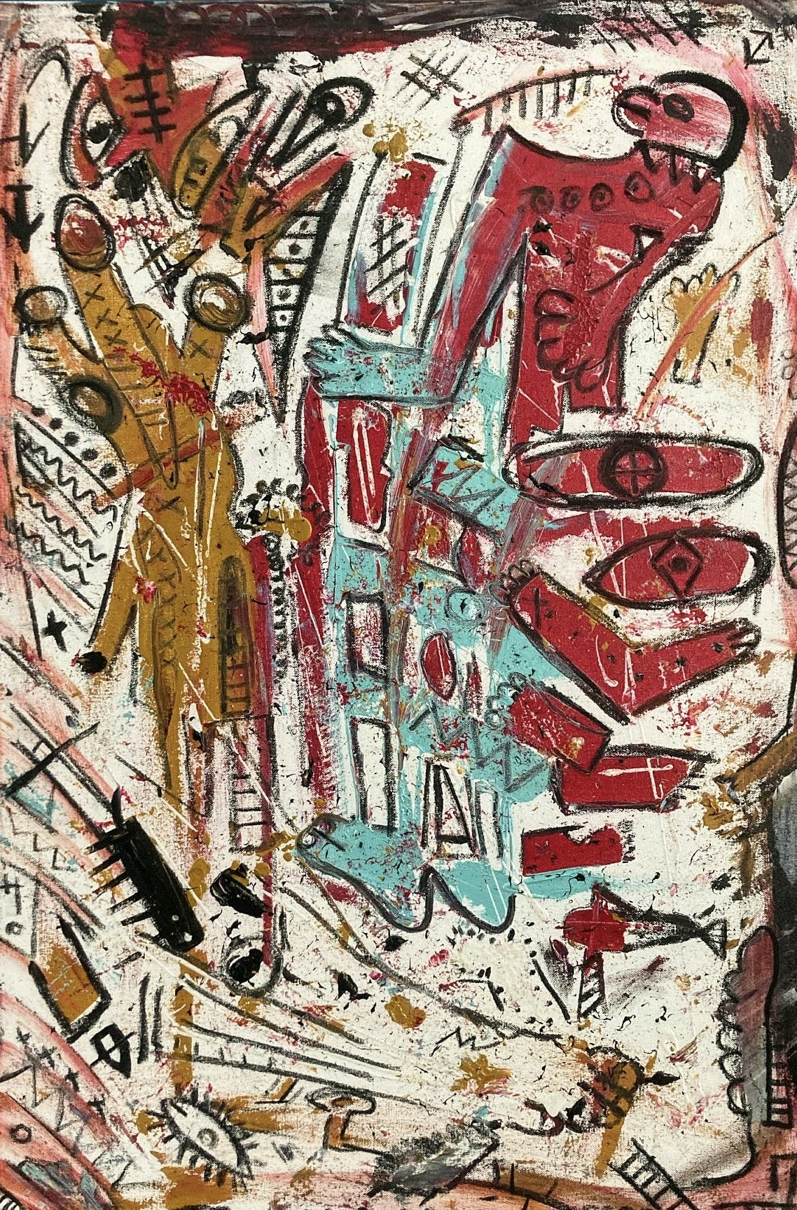 Neo-expressionist painting on raw white canvas: a gold-ochre figure with ringed eyes on the left, a turquoise and crimson structure at the centre, a red creature with a toothed mouth and stacked eyes at the right, black charcoal lines, zigzags, tally marks, a small black animal and paint splatters