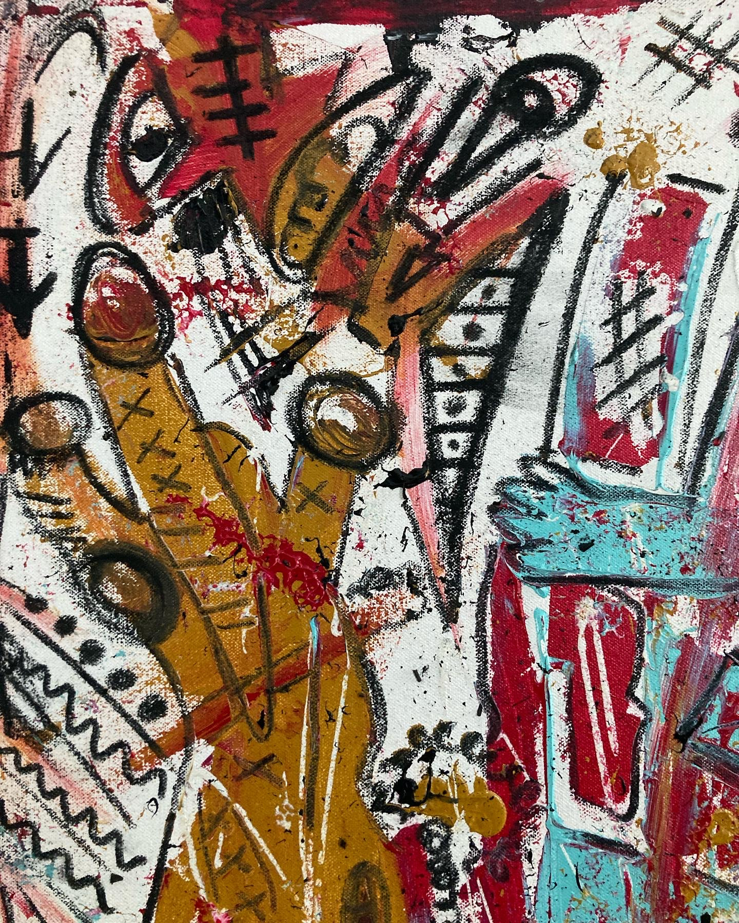 Detail: a gold-ochre form with ringed brown eyes and cross-hatching beside a red and black eye, a striped black triangle and a turquoise and crimson block