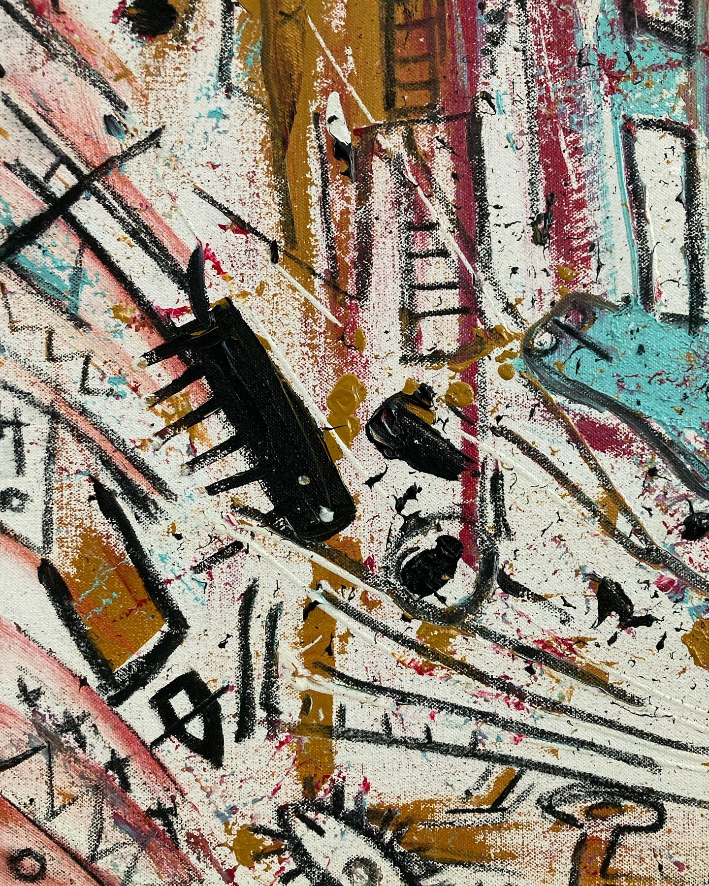 Detail: a small black animal in thick paint, charcoal lines, gold and crimson splatters and a turquoise form on raw canvas
