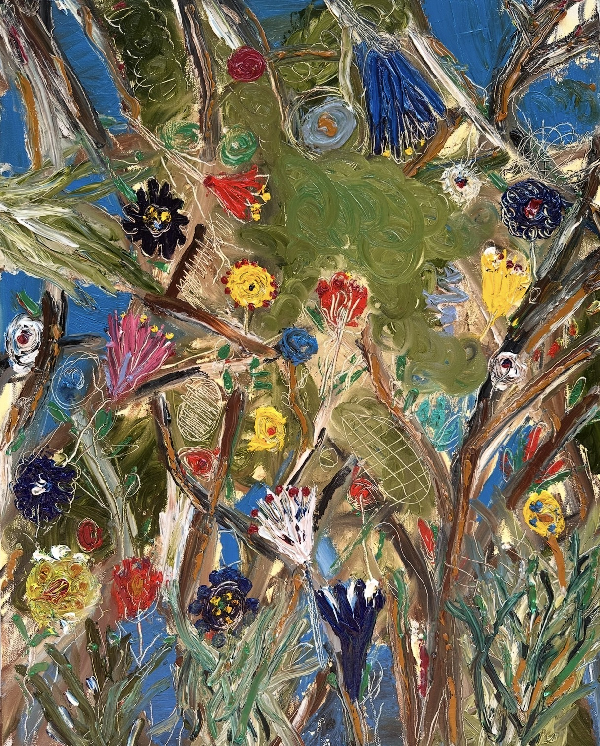 Abstract painting: a dense garden of thick-impasto flowers in yellow, red, navy, pink and white among tangled brown branches and swirling olive-green foliage against patches of bright blue sky