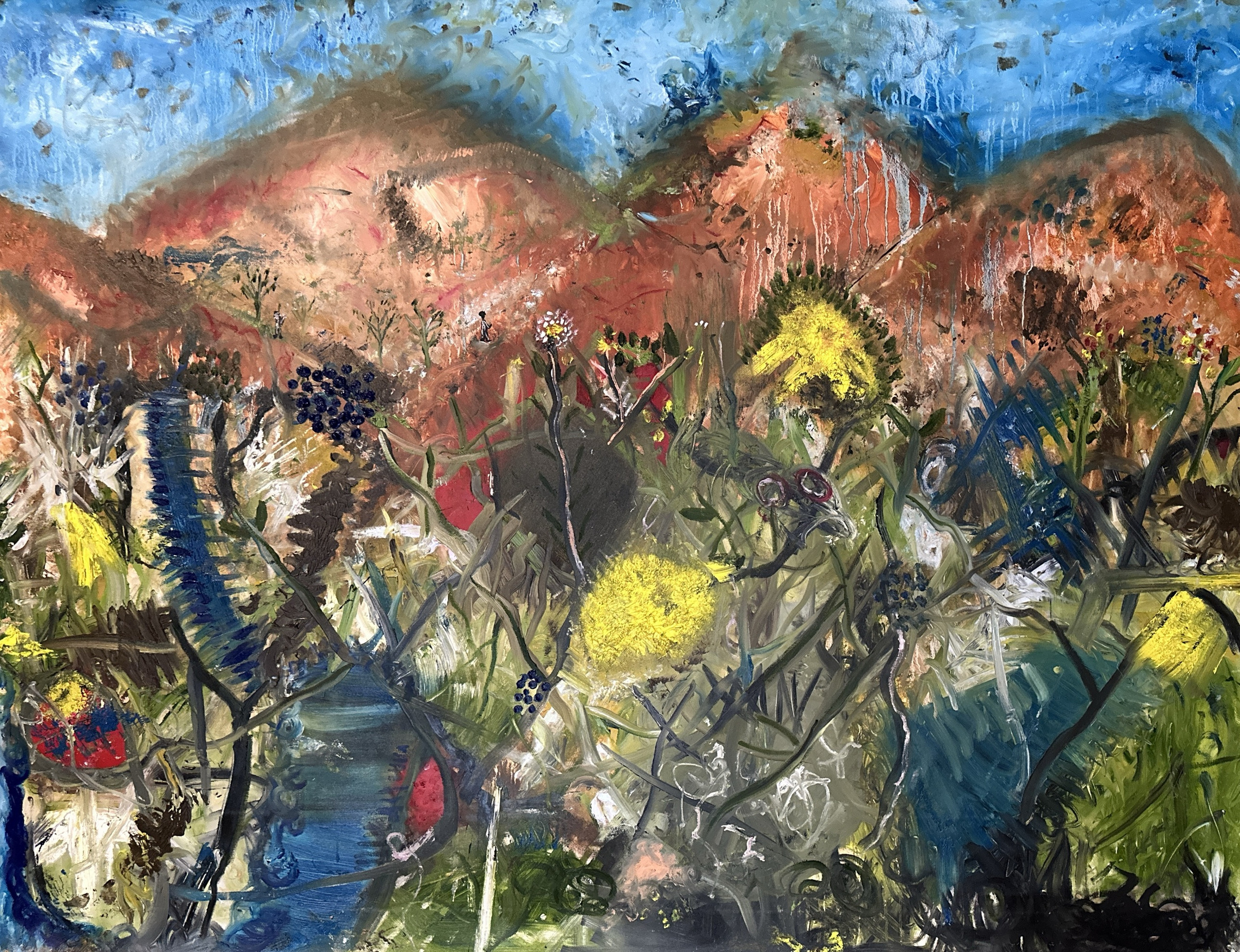 Abstract landscape: a blue sky above terracotta hills, with dense wild grasses, yellow flowers and a winding blue stream in the foreground