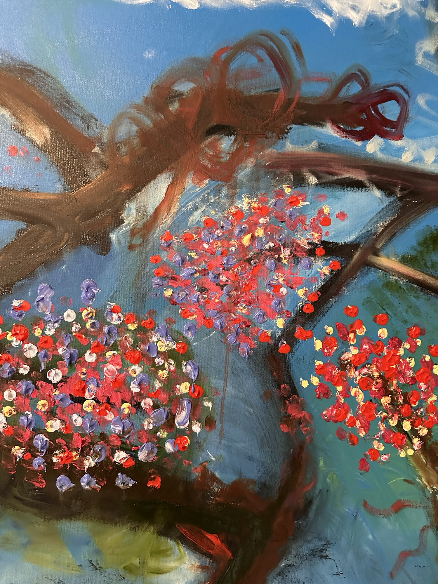 Detail: thick clusters of red, lilac, white and yellow paint dabs forming blossoms beside looping brown branches