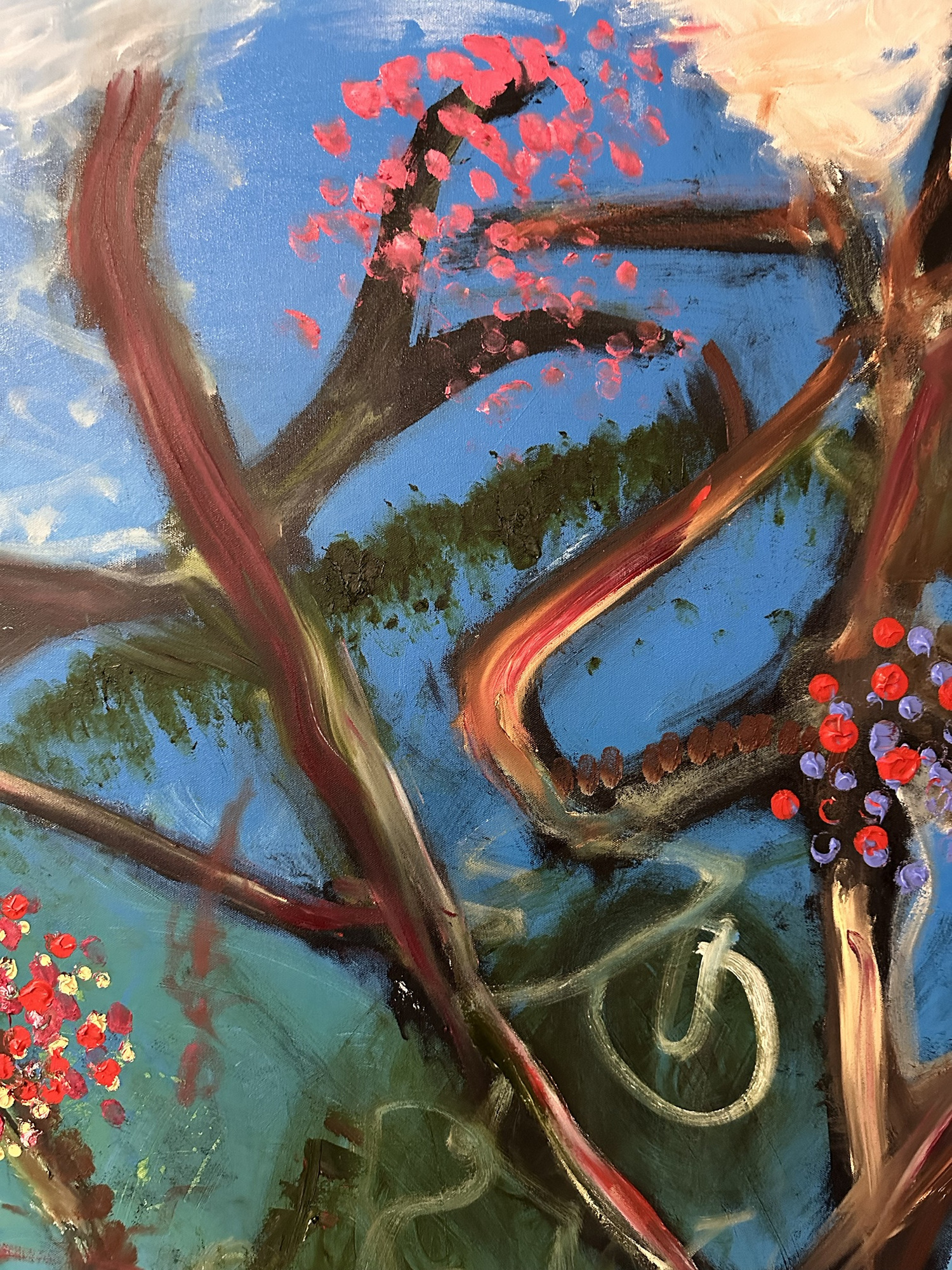 Detail: pink blossoms on a dark branch, olive-green foliage strokes and a looping white line over blue
