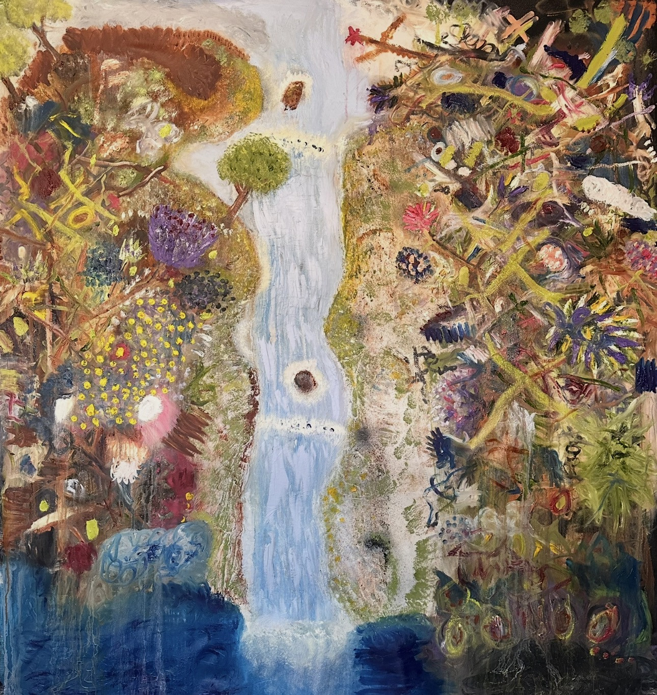 Abstract painting: a pale blue waterfall running down the centre between two dense banks of flowers, branches and brushstrokes in ochre, green, purple and pink, ending in a deep blue pool