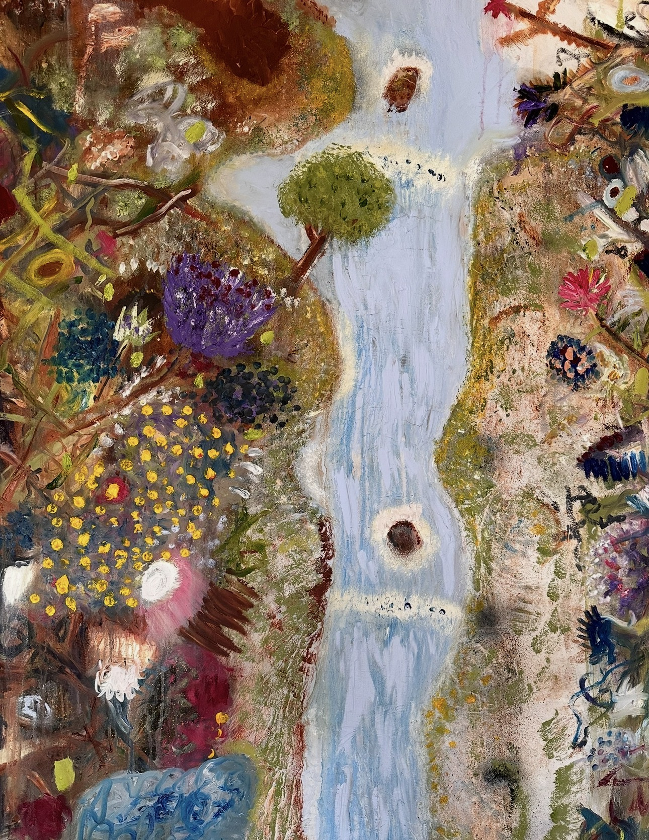 Detail: the waterfall with a round green tree, purple thistle-like flower and a field of yellow dots