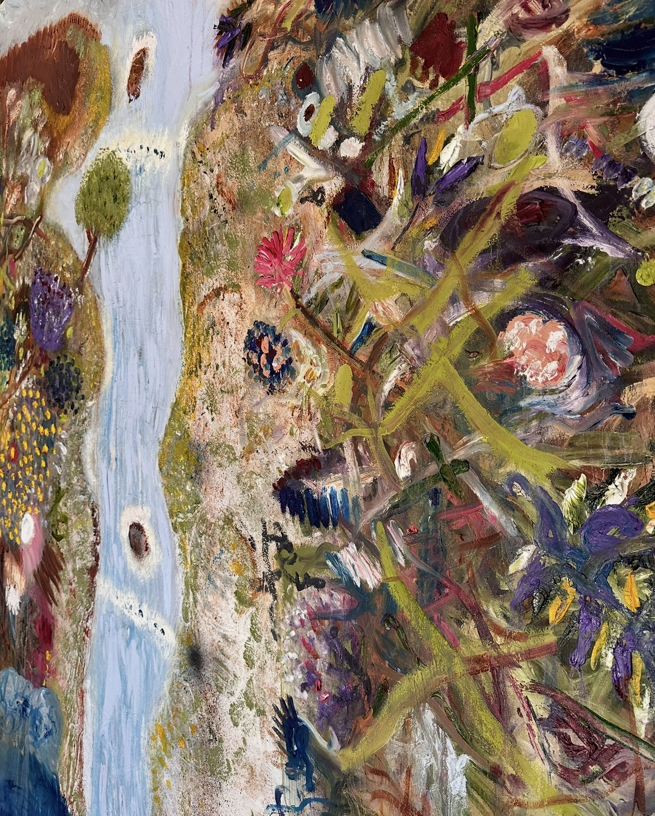 Detail: the right bank, a tangle of green, purple and pink brushstrokes and flowers beside the pale waterfall