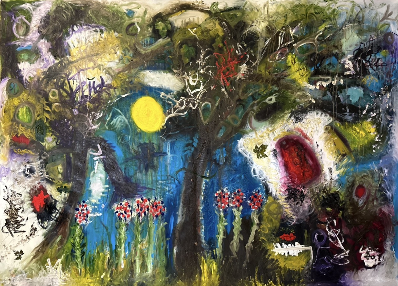 Abstract painting: two dark tree trunks with tangled looping branches under a bright blue sky and a yellow sun, red and navy blossoms on green stems in the foreground, a red form on the right