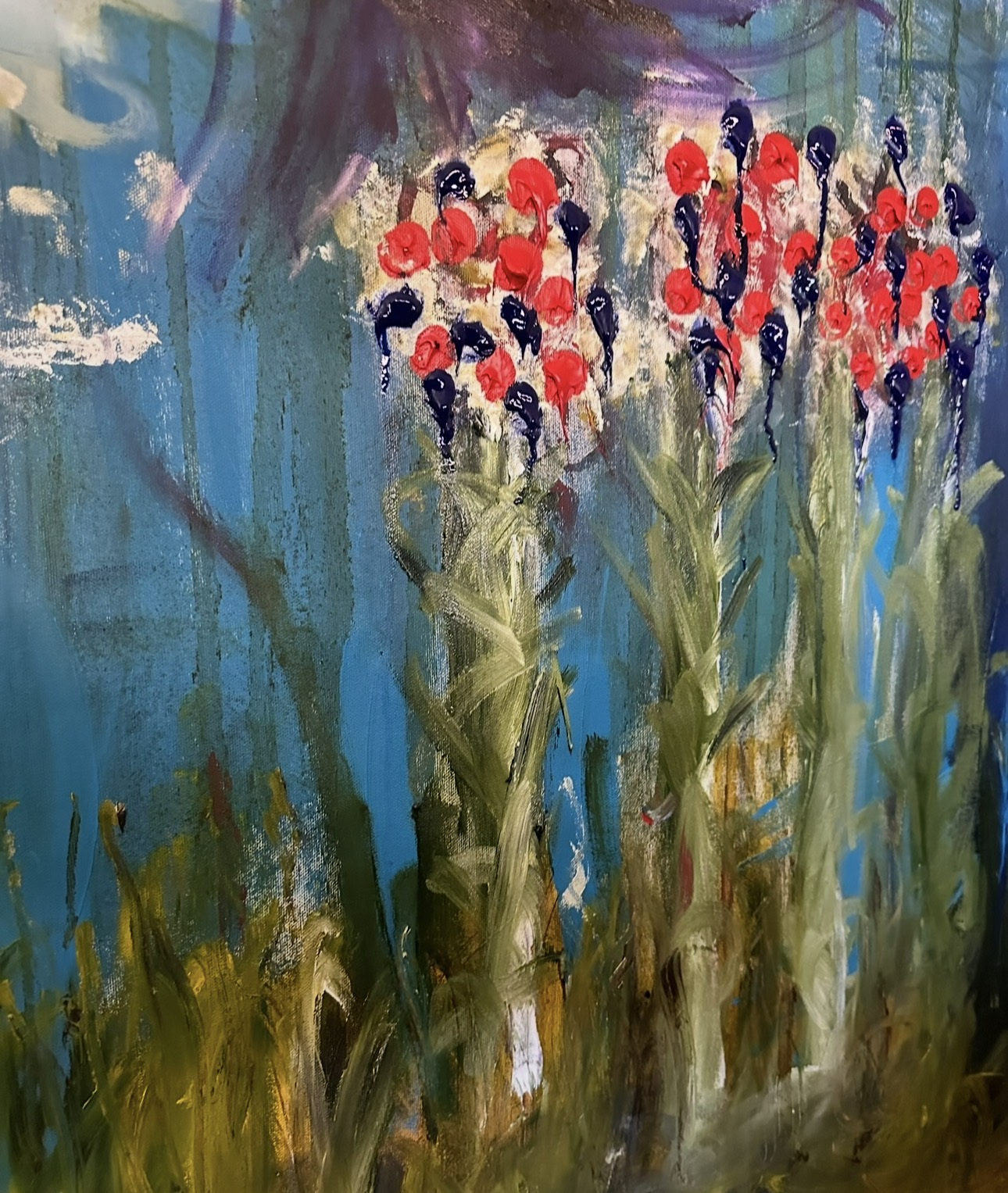 Detail: red and navy paint blossoms on olive-green stems against a teal-blue ground