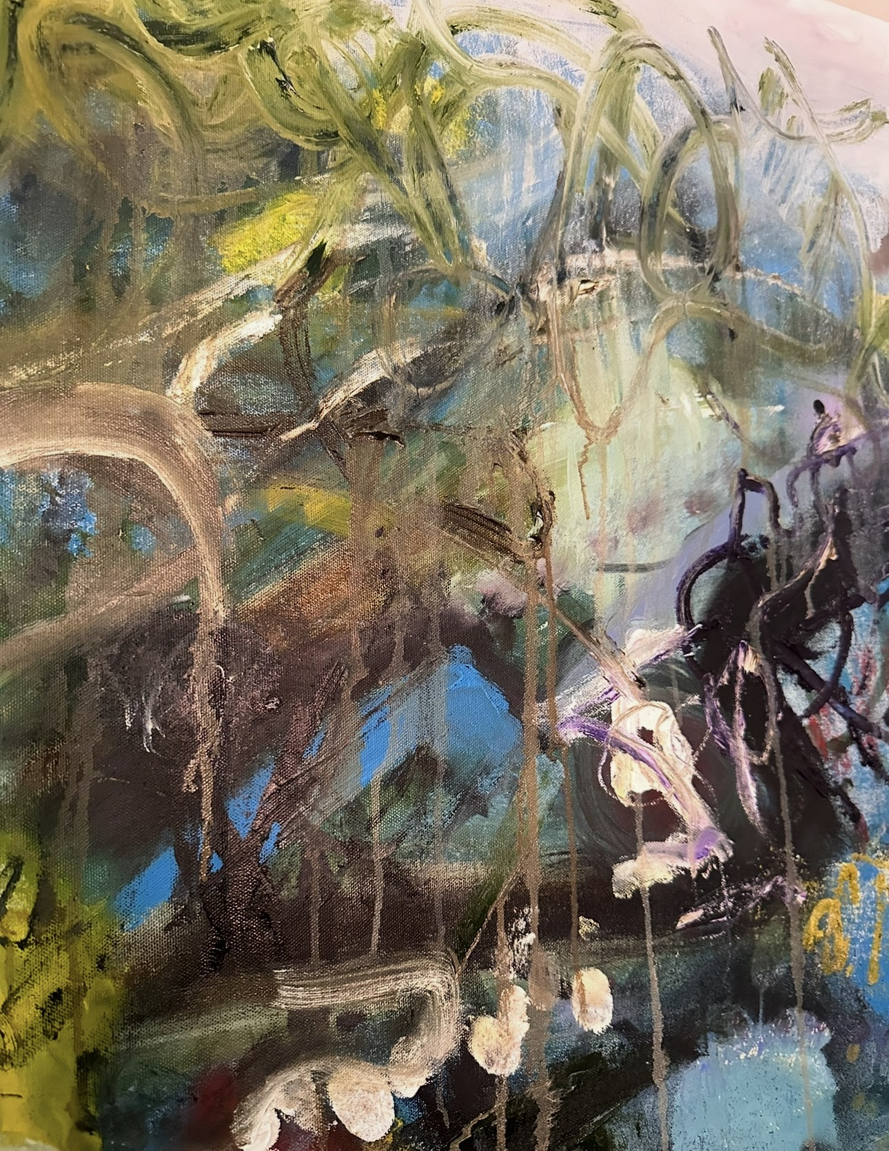 Detail: looping olive strokes, drips and cream dabs over deep blue and violet