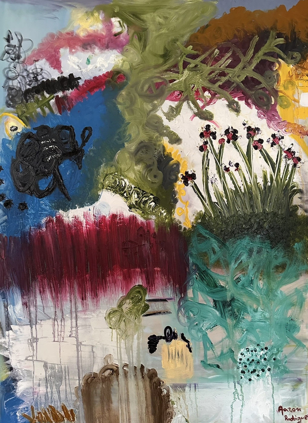 Abstract painting: a tuft of tall green stems with dark red and black blooms on a cream ground, beside swirling olive-green strokes, a deep blue shape with black scribbles, a crimson band with drips and a turquoise tangle