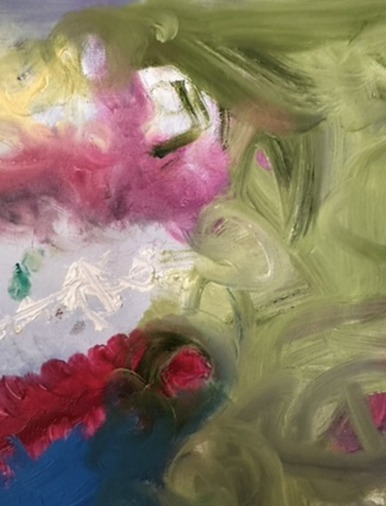 Detail: soft pink and crimson strokes beside thick olive-green swirls and white impasto
